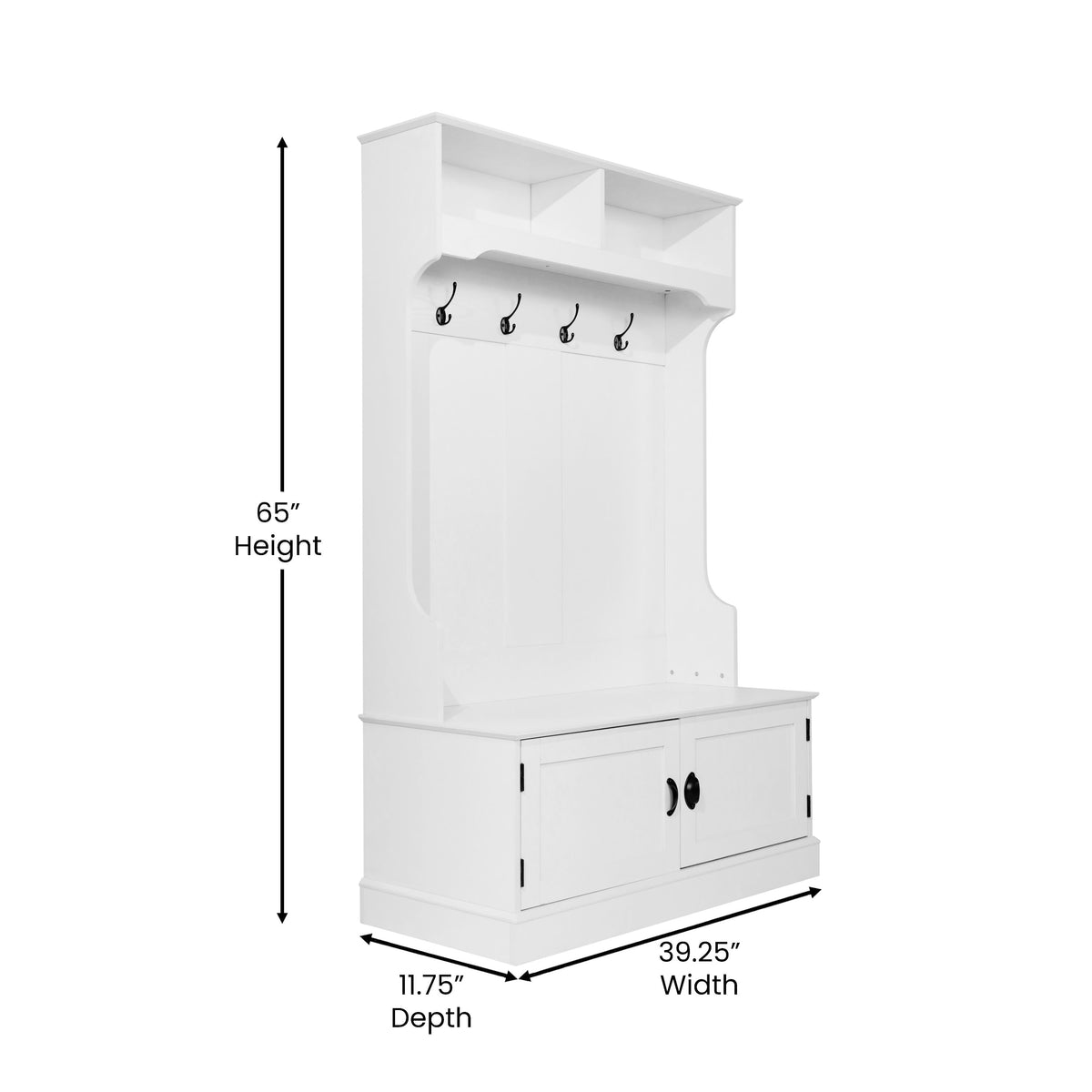 White |#| 40" Wide 4 Hook Hallway Tree with Storage Bench and Upper Cubbies in White