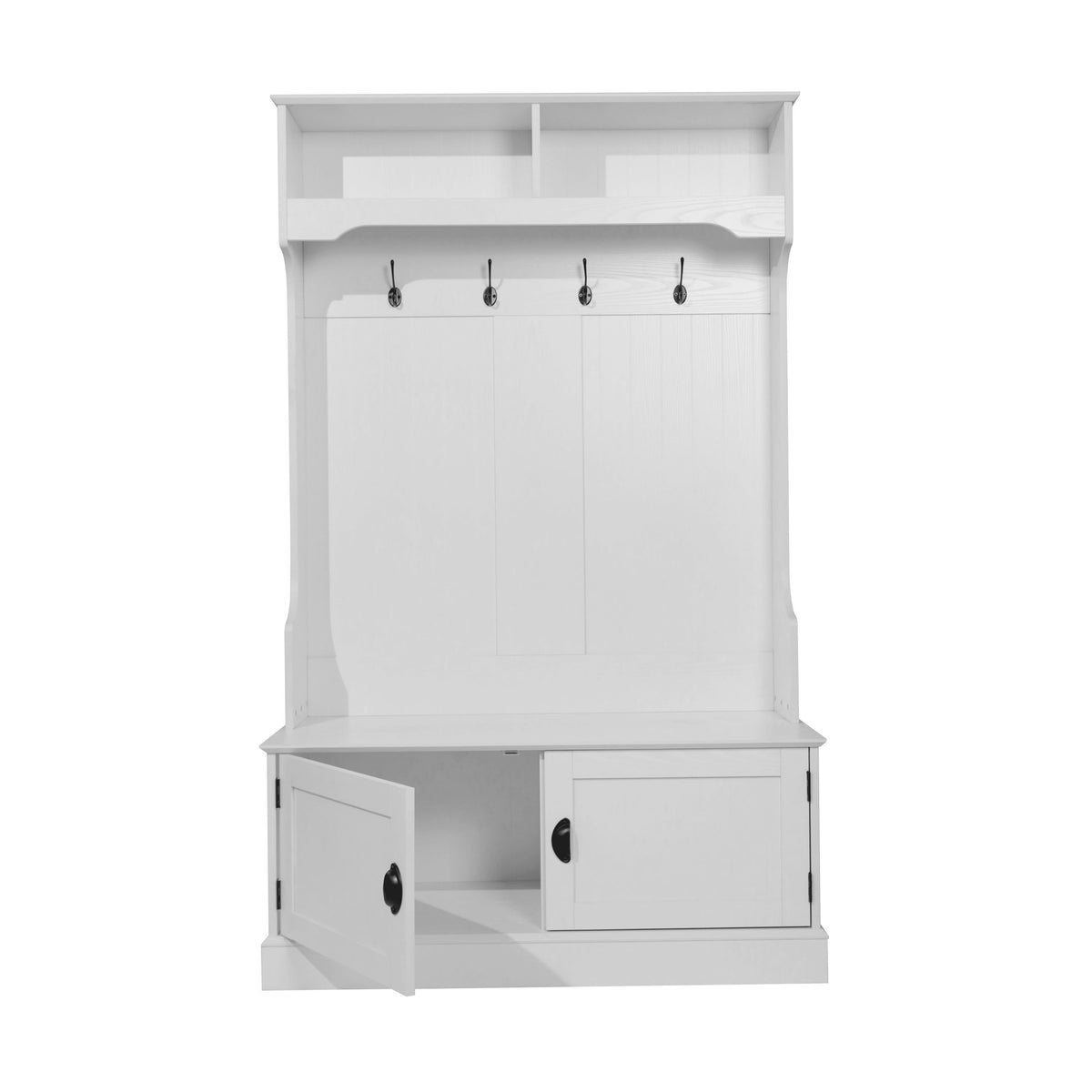 White |#| 40" Wide 4 Hook Hallway Tree with Storage Bench and Upper Cubbies in White