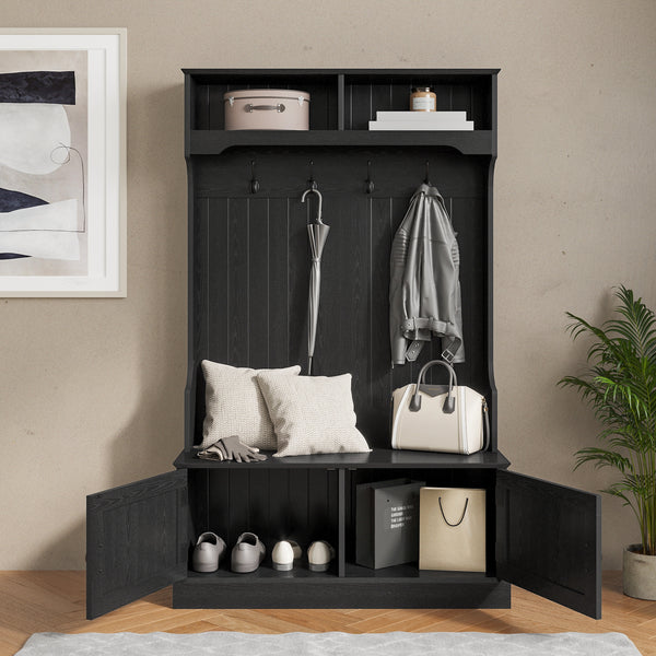 Black |#| 40" Wide 4 Hook Hallway Tree with Storage Bench and Upper Cubbies in Black