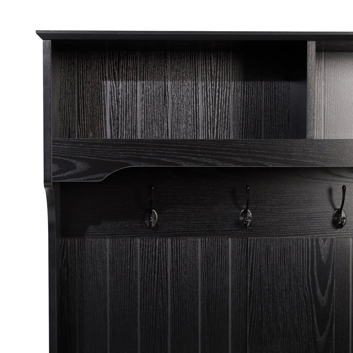 Black |#| 40" Wide 4 Hook Hallway Tree with Storage Bench and Upper Cubbies in Black