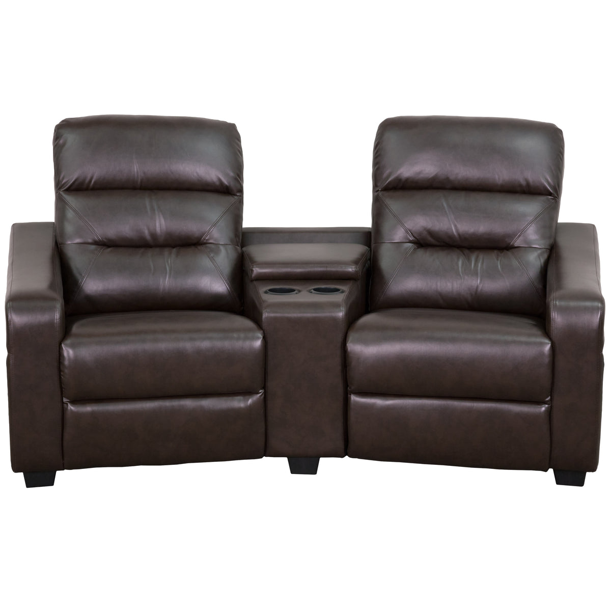 Brown |#| 2-Seat Reclining Brown LeatherSoft Tufted Bustle Back Seating Unit w/Cup Holders