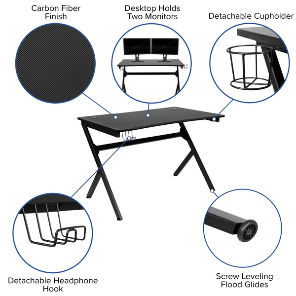 Black |#| Black/Black Gaming Desk Set - Cup/Headset Holder/Reclining & Footrest