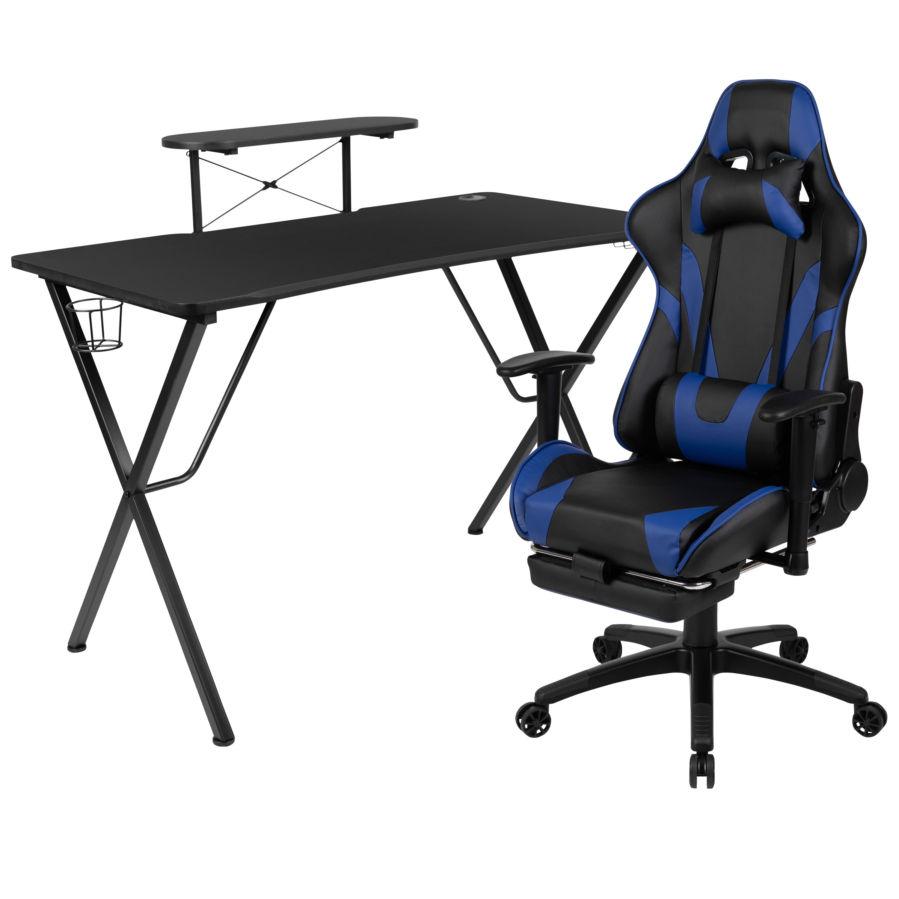 Flash Furniture Black Gaming Desk with Cup Holder Headphone Hook and Monitor Smartphone Stand Gray Reclining Gaming Chair with Footrest