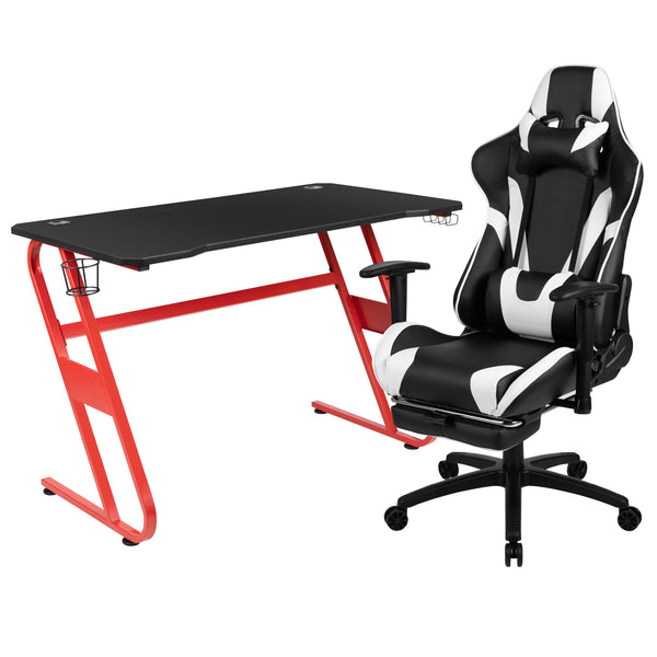 Black |#| Desk Bundle - Red Gaming Desk, Cup Holder, Headphone Hook and Reclining Chair