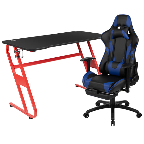 Blue |#| Gaming Bundle-Cup/Headphone Desk & Blue Reclining Footrest Chair