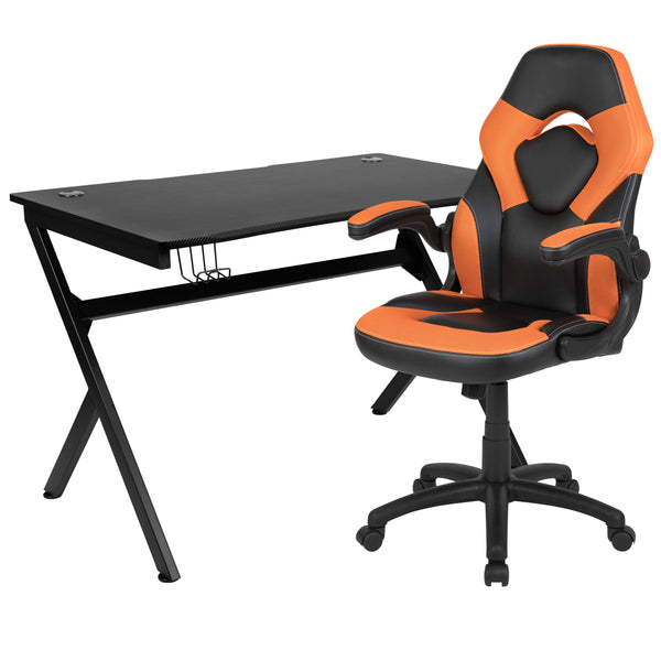 Orange |#| Black/Orange Gaming Desk Bundle - Cup/Headphone Holder, Wire Management