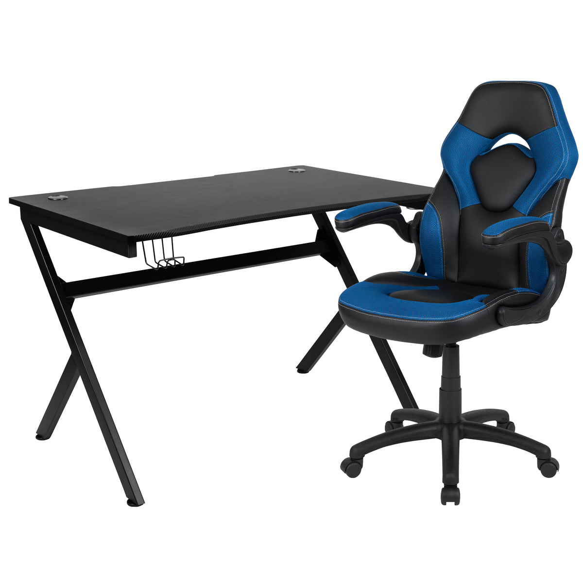 Blue |#| Black/Blue Gaming Desk Bundle - Cup/Headphone Holders, Wire Management