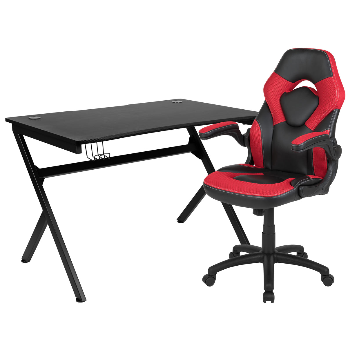 Red |#| Black/Red Gaming Desk Bundle - Cup/Headphone Holder, Wire Management