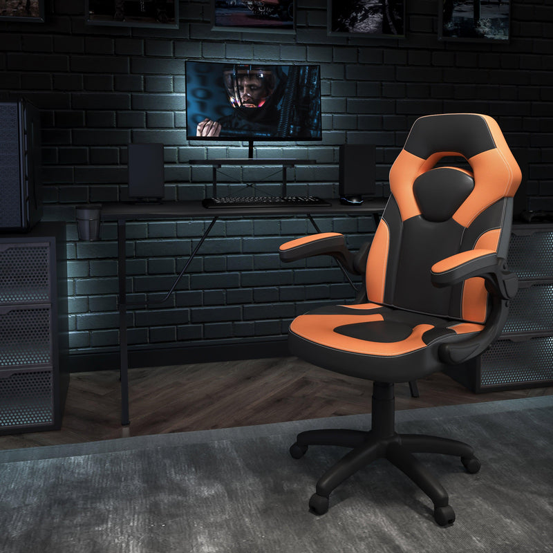 Orange |#| Black/Orange Gaming Desk Set with Cup Holder, Headphone Hook, and Monitor Stand