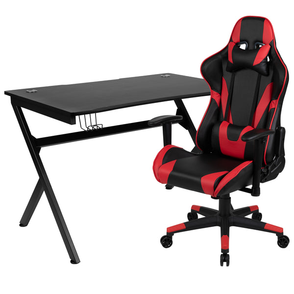 Red |#| Gaming Bundle-Desk, Cup Holder/Headphone Hook & Red Reclining Chair