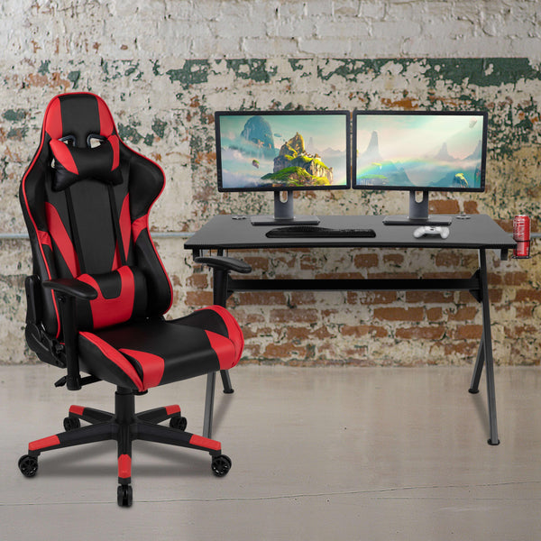 Red |#| Gaming Bundle-Desk, Cup Holder/Headphone Hook & Red Reclining Chair