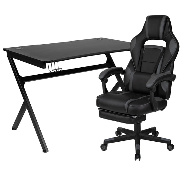 Black |#| Black/Black Gaming Desk Set - Cup/Headset Holder/Reclining & Footrest