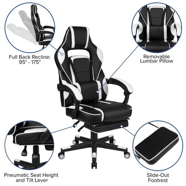 White |#| Black/White Gaming Desk Set - Cup/Headset Holder/Reclining & Footrest