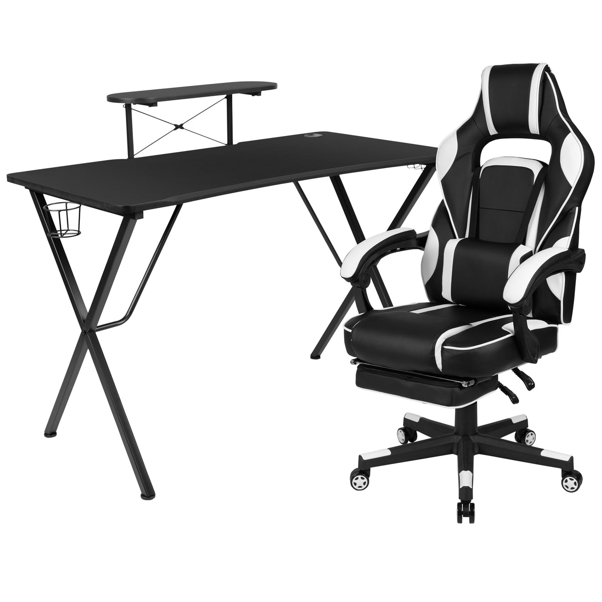 White |#| Gaming Bundle-Cup/Headphone Desk & White Reclining Footrest Chair