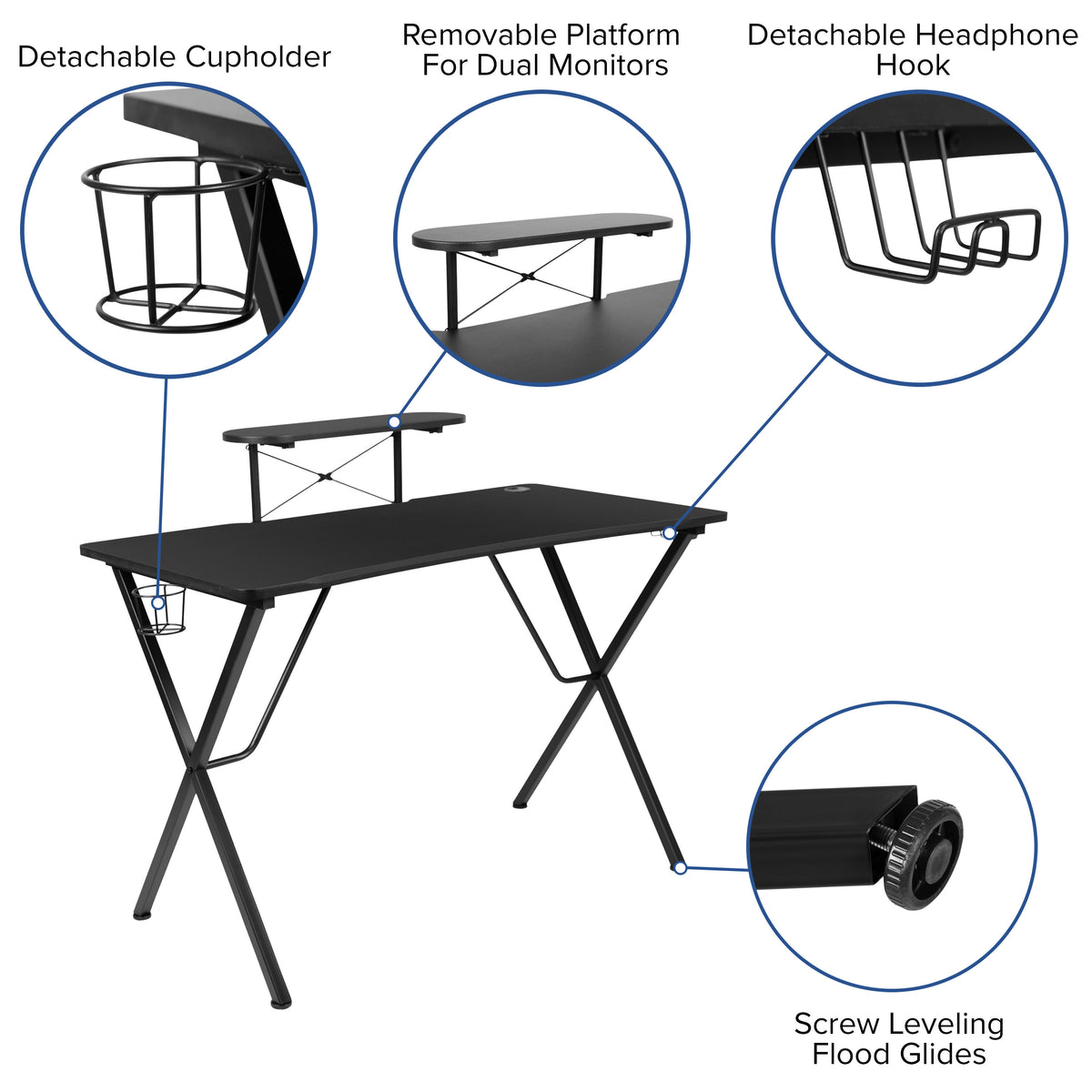 Black Top/Black Frame |#| Black Gaming Desk with Cup Holder, Headphone Hook, and Monitor/Smartphone Stand