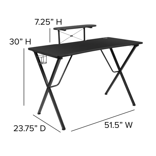 Black Top/Black Frame |#| Black Gaming Desk with Cup Holder, Headphone Hook, and Monitor/Smartphone Stand