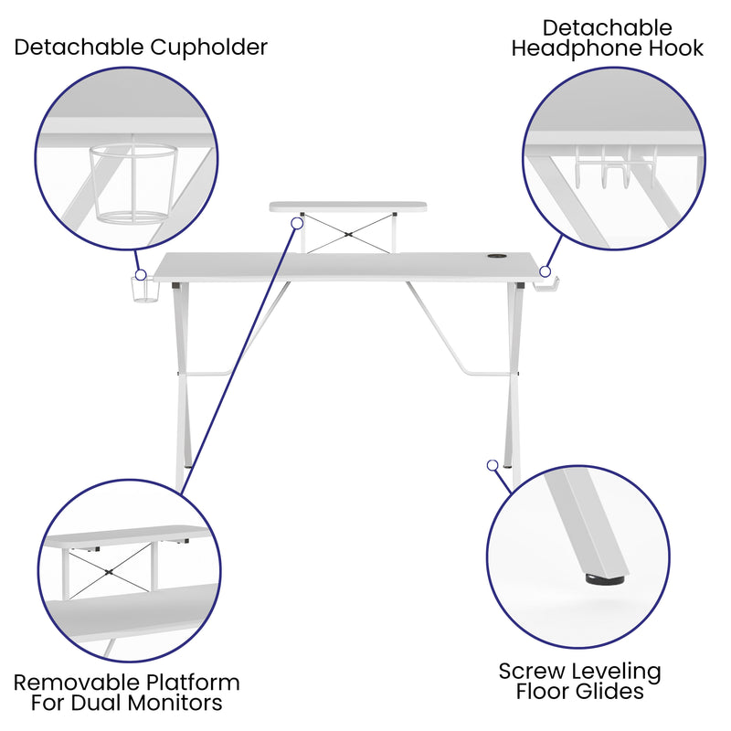 White Top/White Frame |#| White Gaming Desk - Cup Holder, Headphone Hook, Monitor/Smartphone Stand