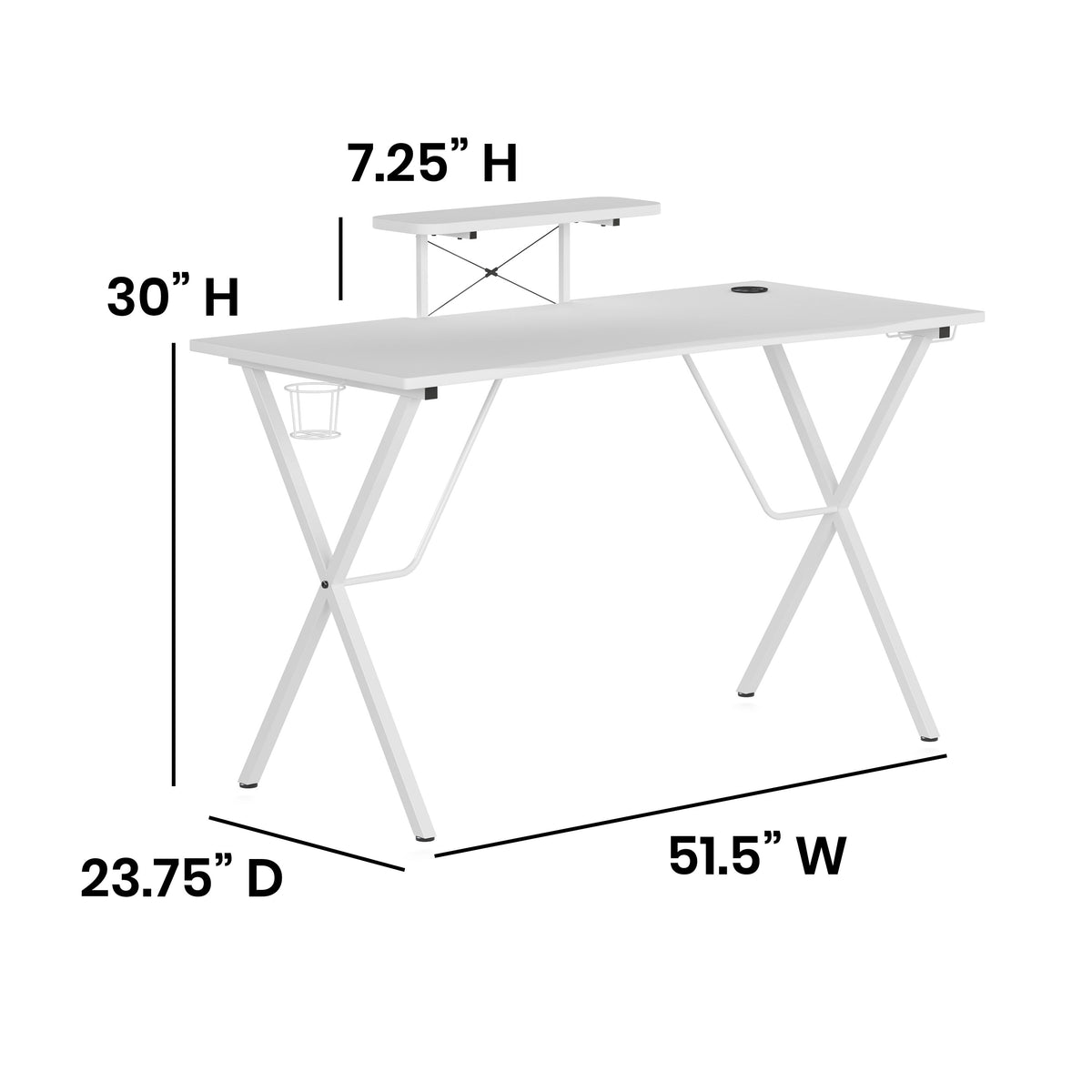 White Top/White Frame |#| White Gaming Desk - Cup Holder, Headphone Hook, Monitor/Smartphone Stand