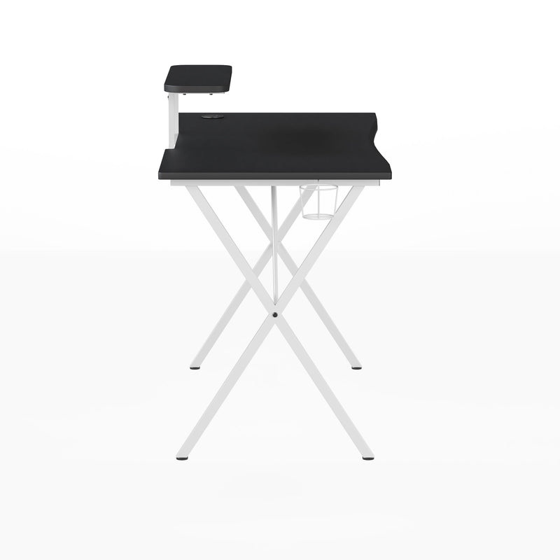 Black Top/White Frame |#| Black/White Gaming Desk - Cup Holder, Headphone Hook, Monitor/Smartphone Stand