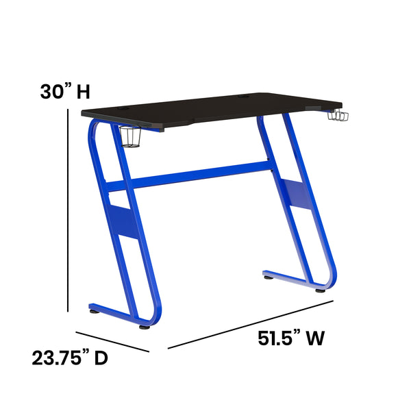 Blue |#| Blue Gaming Ergonomic Desk with Cup Holder and Headphone Hook