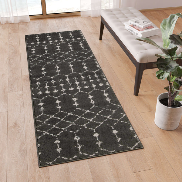 Dark Gray/Ivory,2' x 6' |#| 2' x 6' Dark Gray and Ivory Geometric Style Modern Bohemian Design Area Rug