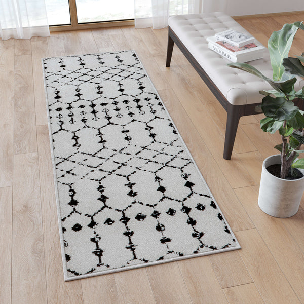 Ivory/Black,2' x 6' |#| 2' x 6' Ivory and Black Geometric Style Modern Bohemian Design Area Rug