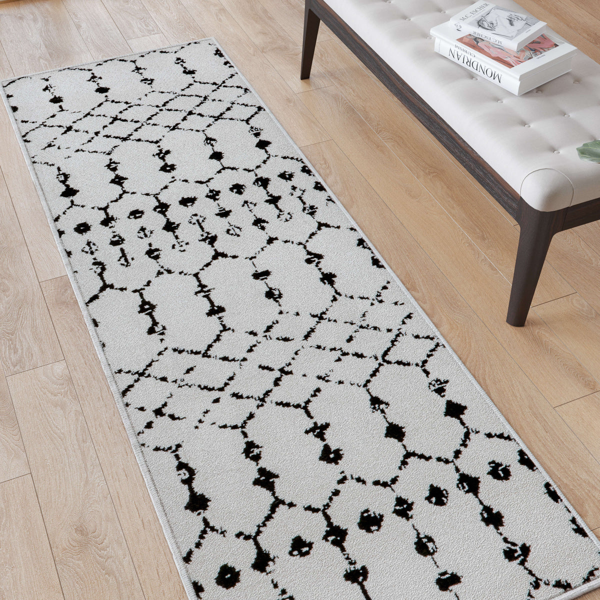 Ivory/Black,2' x 6' |#| 2' x 6' Ivory and Black Geometric Style Modern Bohemian Design Area Rug