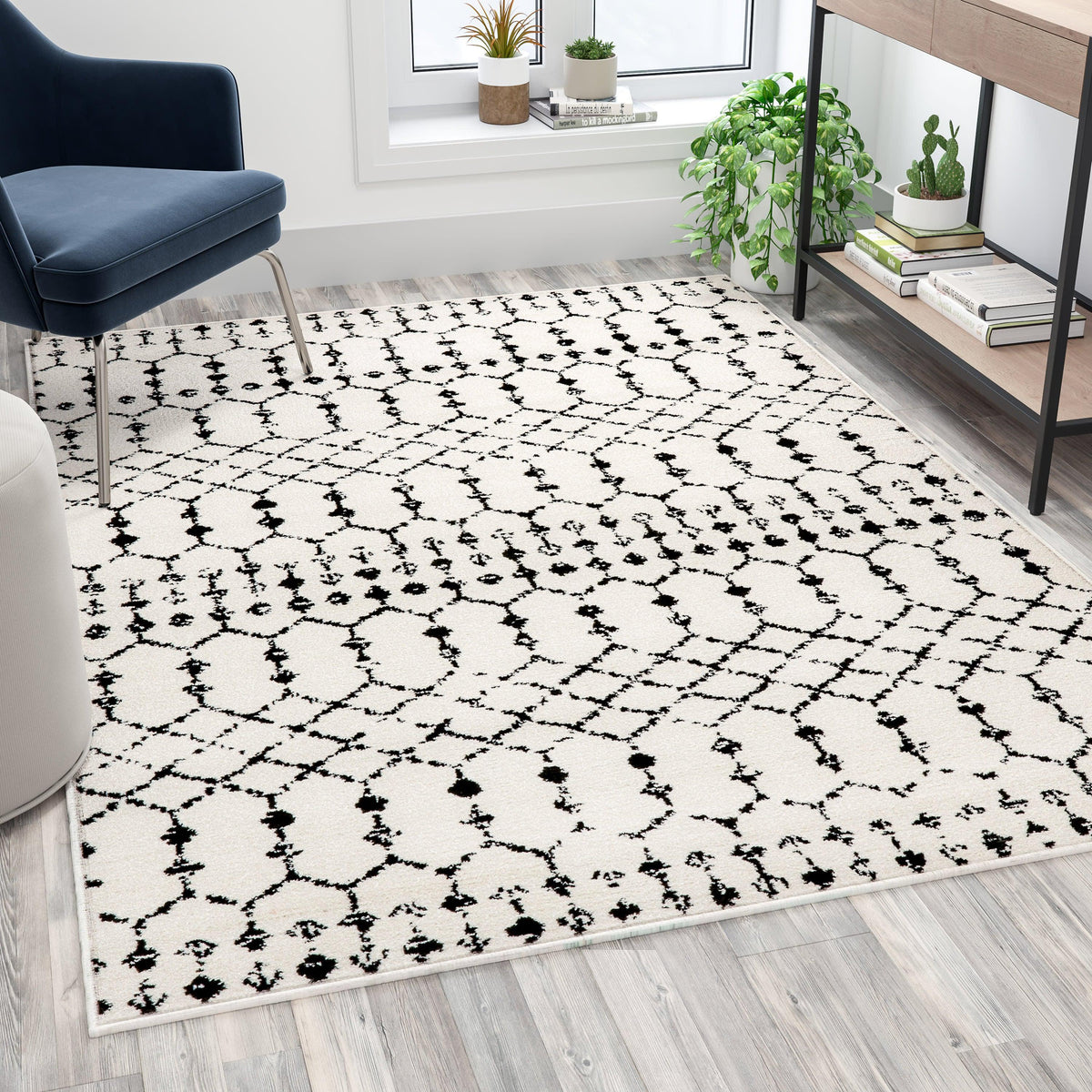 Ivory/Black,5' x 7' |#| 5' x 7' Ivory and Black Geometric Style Modern Bohemian Design Area Rug