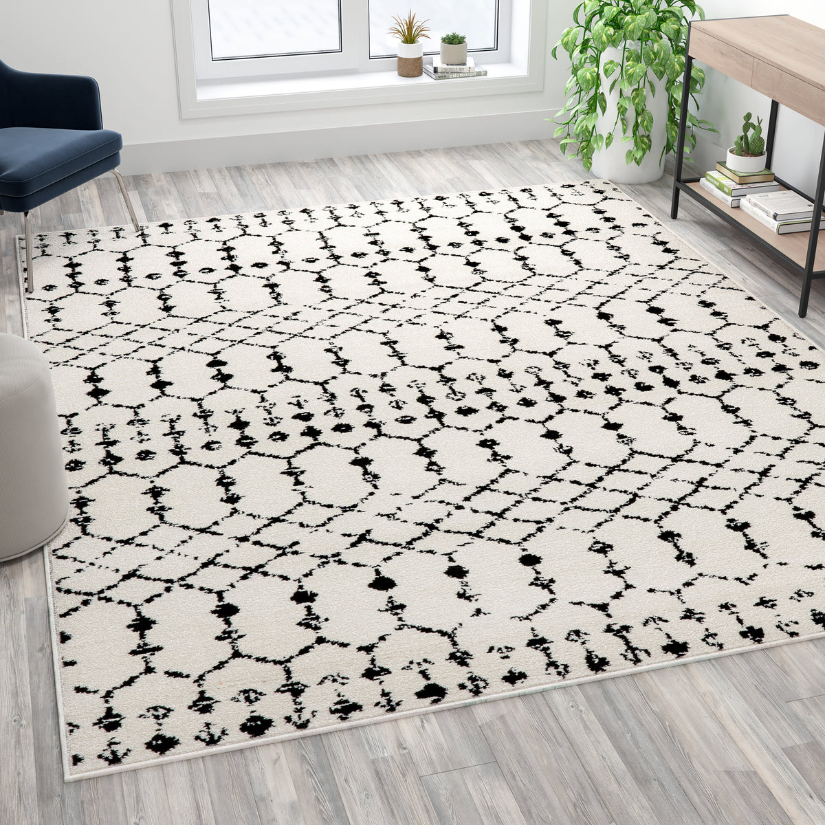 Ivory/Black,8' x 10' |#| 8' x 10' Ivory and Black Geometric Style Modern Bohemian Design Area Rug