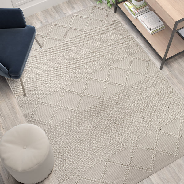 Ivory/White,5' x 7' |#| 5' x 7' Triple Blend Ivory and White Handwoven Geometric Area Rug