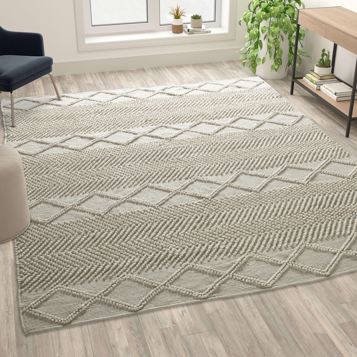 White/Ivory,8' x 10' |#| 8' x 10' Triple Blend White and Ivory Handwoven Geometric Area Rug