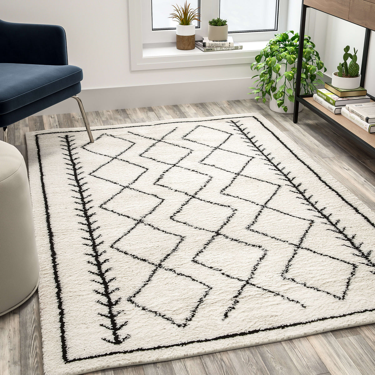 5' x 7' |#| 5' x 7' Ivory & Black Geometric Bohemian Shag Rug