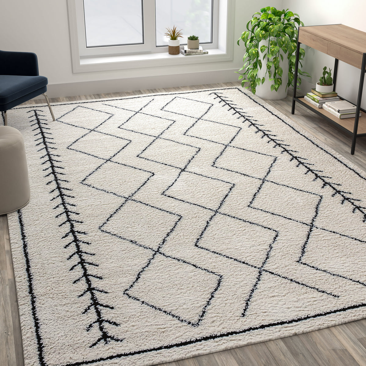 8' x 10' |#| 8' x 10' Ivory and Black Geometric Style Modern Bohemian Design Shag Area Rug