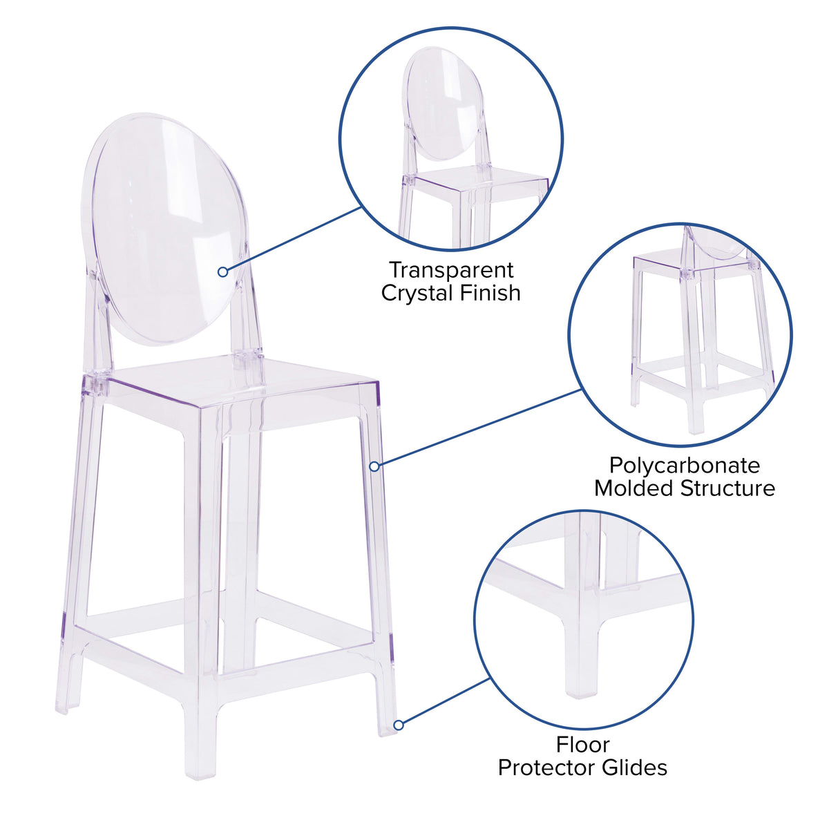 Ghost Counter Stool with Oval Back in Transparent Crystal - Wedding Chairs