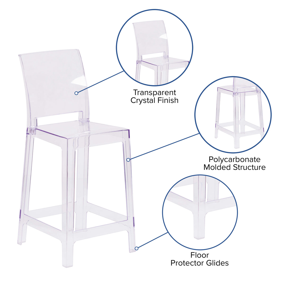 Ghost Counter Stool with Square Back in Transparent Crystal - Wedding Chairs