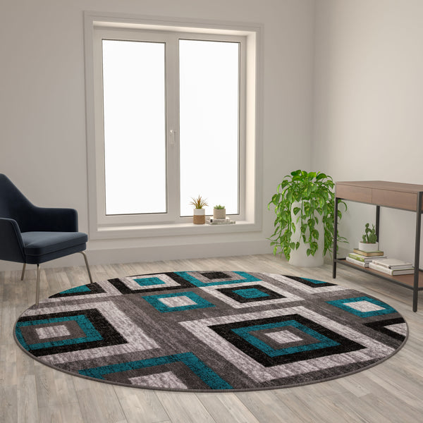 Turquoise,8' Round |#| Modern Round Geometric Design Area Rug in Turquoise, Grey, and White - 8' x 8'