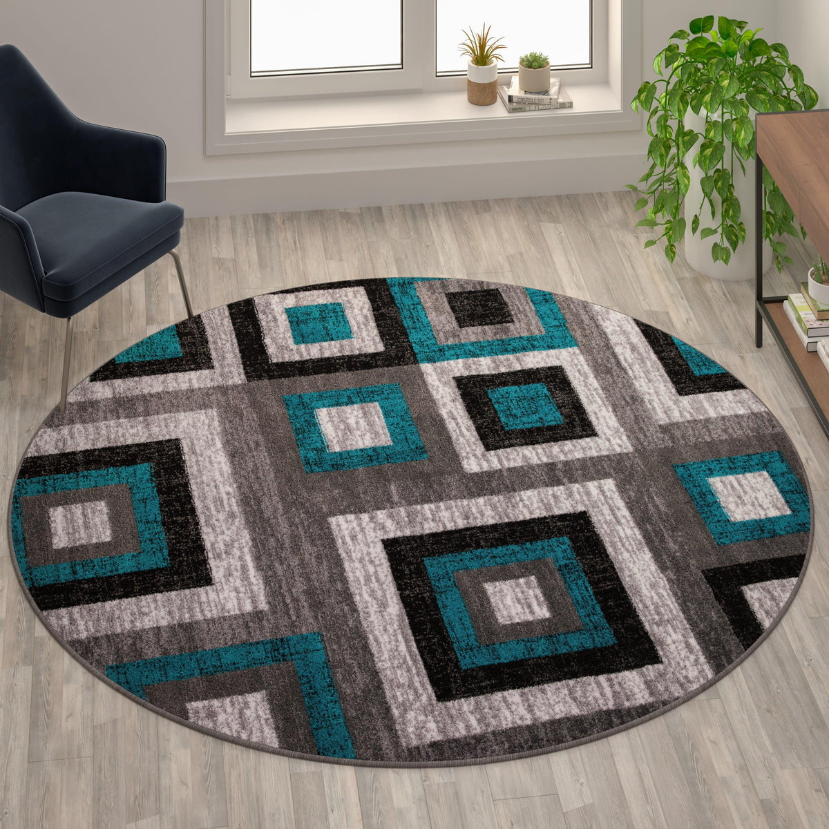 Turquoise,8' Round |#| Modern Round Geometric Design Area Rug in Turquoise, Grey, and White - 8' x 8'