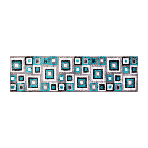 Turquoise,2' x 7' |#| Modern Geometric Design Area Rug in Turquoise, Grey, and White - 2' x 7'