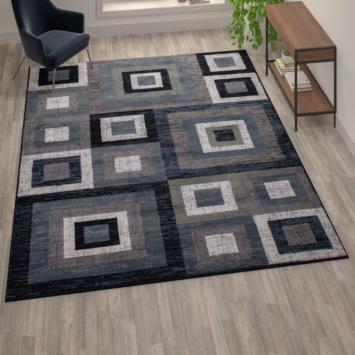 Blue,8' x 10' |#| Modern Geometric Design Area Rug in Blue, Grey, and White - 8' x 10'