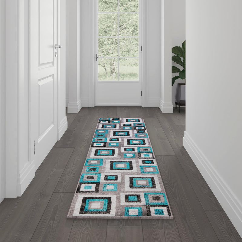 Turquoise,2' x 7' |#| Modern Geometric Design Area Rug in Turquoise, Grey, and White - 2' x 7'