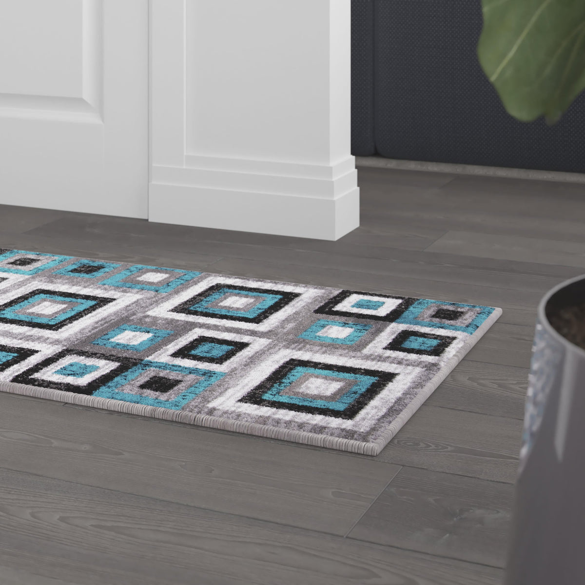 Turquoise,2' x 7' |#| Modern Geometric Design Area Rug in Turquoise, Grey, and White - 2' x 7'