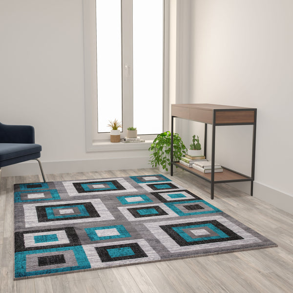 Turquoise,5' x 7' |#| Modern Geometric Design Area Rug in Turquoise, Grey, and White - 5' x 7'