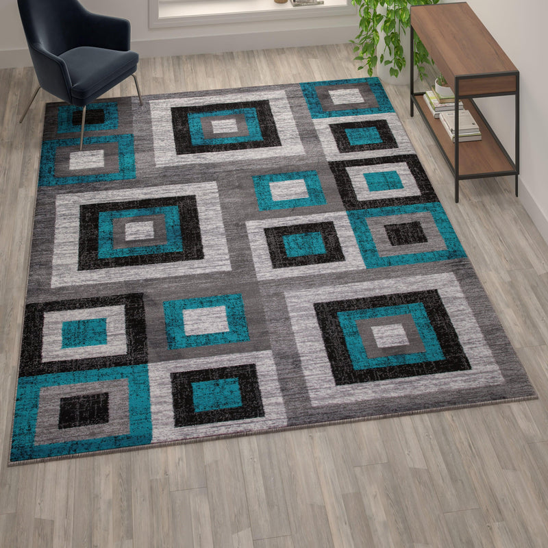 Turquoise,8' x 10' |#| Modern Geometric Design Area Rug in Turquoise, Grey, and White - 8' x 10'