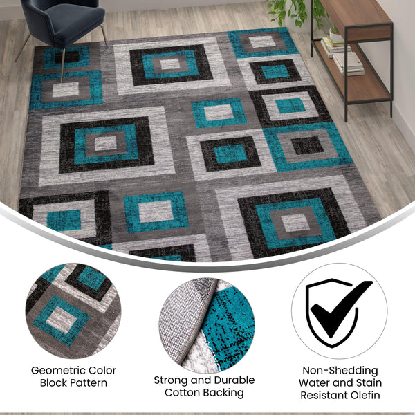 Turquoise,8' x 10' |#| Modern Geometric Design Area Rug in Turquoise, Grey, and White - 8' x 10'