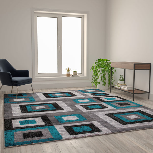 Turquoise,8' x 10' |#| Modern Geometric Design Area Rug in Turquoise, Grey, and White - 8' x 10'