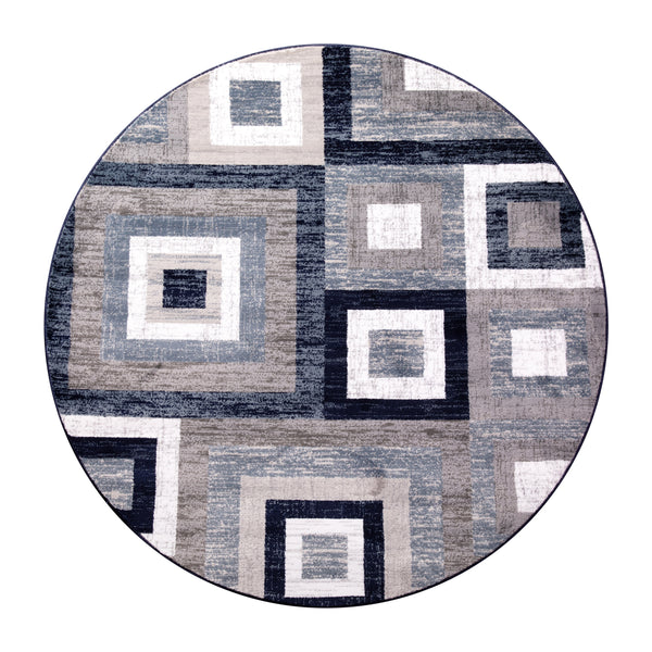 Blue,8' Round |#| Modern Round Geometric Design Area Rug in Blue, Grey, and White - 8' x 8'