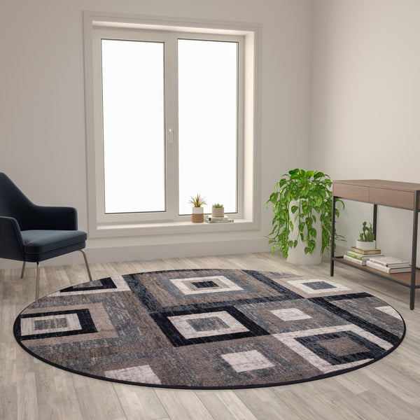 Blue,8' Round |#| Modern Round Geometric Design Area Rug in Blue, Grey, and White - 8' x 8'