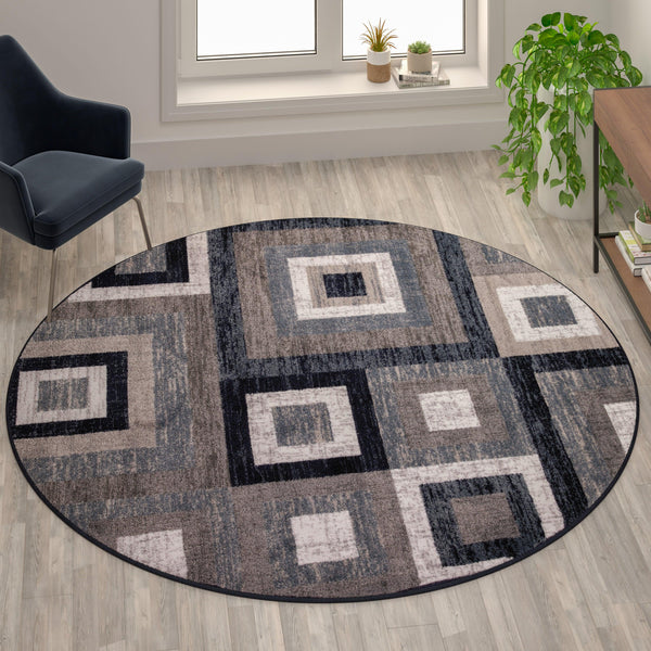 Blue,8' Round |#| Modern Round Geometric Design Area Rug in Blue, Grey, and White - 8' x 8'