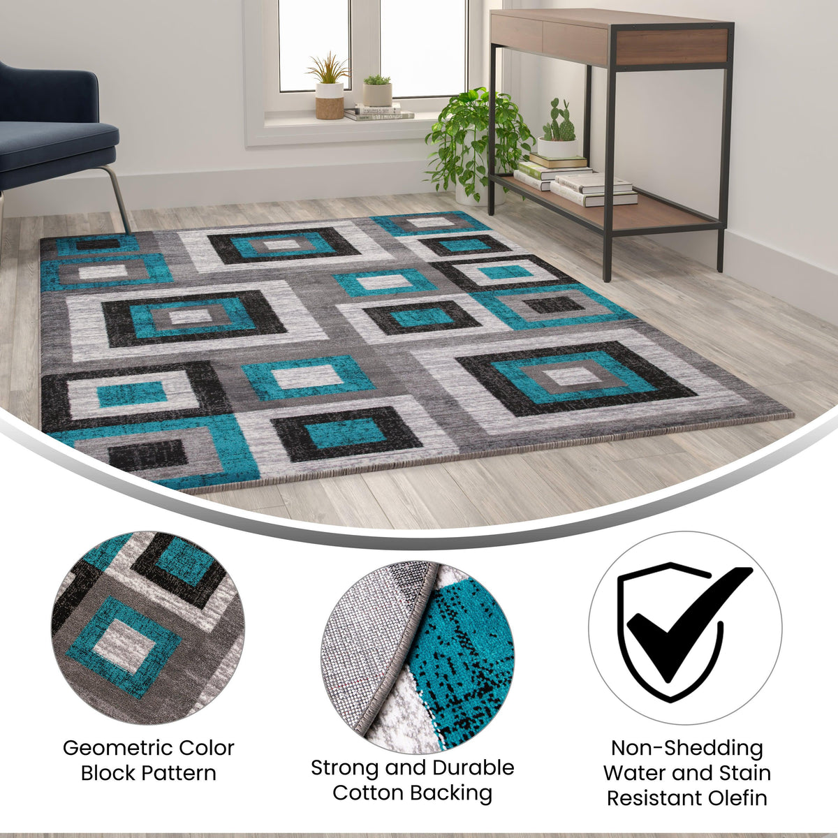 Turquoise,5' x 7' |#| Modern Geometric Design Area Rug in Turquoise, Grey, and White - 5' x 7'