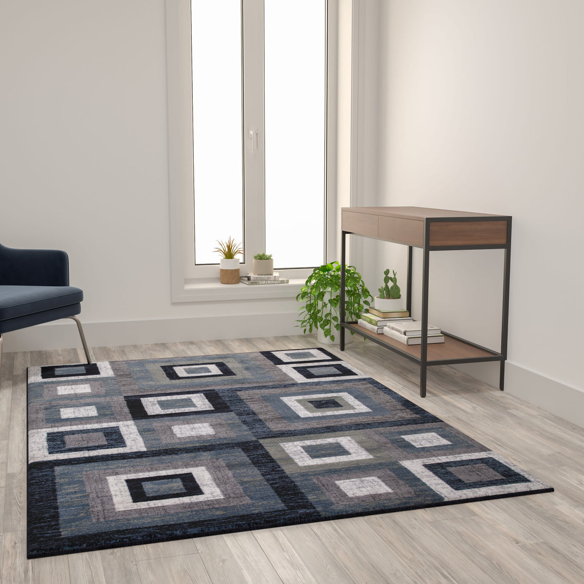 Blue,5' x 7' |#| Modern Geometric Design Area Rug in Blue, Grey, and White - 5' x 7'